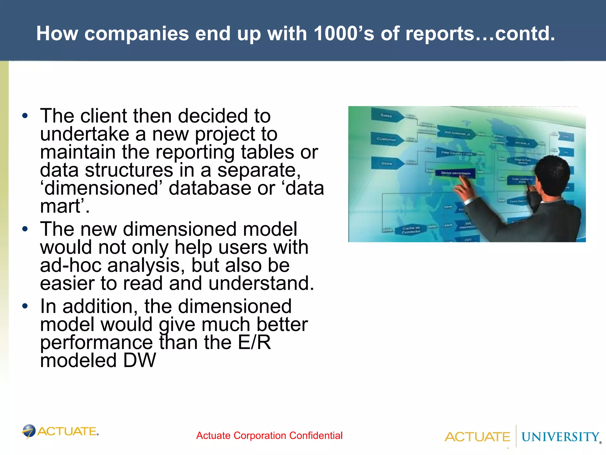 How companies end up with 1000’s of reports…contd. The client then decided to undertake a new project to maintain the reporting tables or data structures in a separate, ‘dimensioned’ database or ‘data mart’. The new dimensioned model would not only help users with ad-hoc analysis, but also be easier to read and understand. In addition, the dimensioned model would give much better performance than the E/R modeled DW 