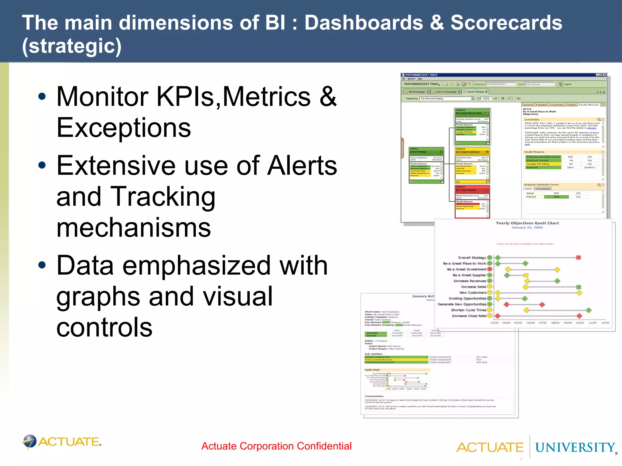 The main dimensions of BI : Dashboards & Scorecards (strategic) Monitor KPIs,Metrics & Exceptions Extensive use of Alerts and Tracking mechanisms Data emphasized with graphs and visual controls 