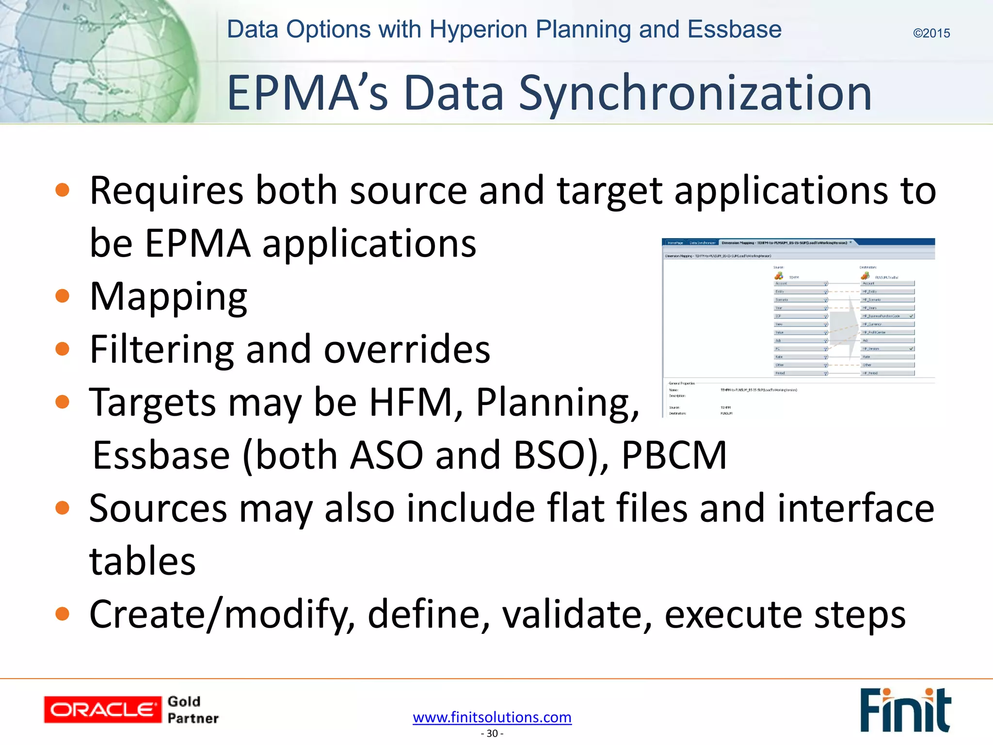 www.finitsolutions.com
- 30 -
Data Options with Hyperion Planning and Essbase ©2015Data Options with Hyperion Planning and Essbase ©2015
• Requires both source and target applications to
be EPMA applications
• Mapping
• Filtering and overrides
• Targets may be HFM, Planning,
EPMA’s Data Synchronization
Essbase (both ASO and BSO), PBCM
• Sources may also include flat files and interface
tables
• Create/modify, define, validate, execute steps
 