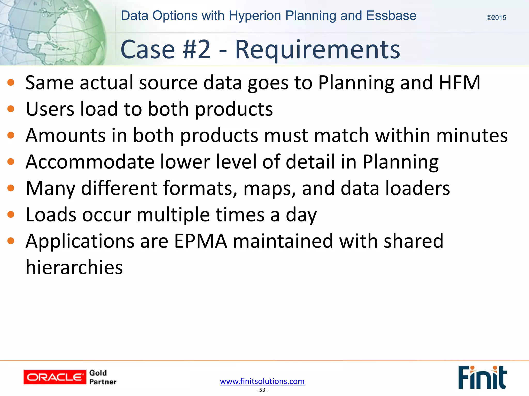 www.finitsolutions.com
- 53 -
Data Options with Hyperion Planning and Essbase ©2015Data Options with Hyperion Planning and Essbase ©2015
• Same actual source data goes to Planning and HFM
• Users load to both products
• Amounts in both products must match within minutes
• Accommodate lower level of detail in Planning
• Many different formats, maps, and data loaders
• Loads occur multiple times a day
• Applications are EPMA maintained with shared
hierarchies
Case #2 - Requirements
 