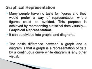  Many people have no taste for figures and they
would prefer a way of representation where
figures could be avoided. This purpose is
achieved by representing statistical data visually---
Graphical Representation.
 It can be divided into graphs and diagrams.
 The basic difference between a graph and a
diagram is that a graph is a representation of data
by a continuous curve while diagram is any other
visual.
Graphical Representation
 