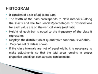  It consists of a set of adjacent bars.
 The width of the bars corresponds to class intervals---along
the X-axis and the frequencies/percentages of observations
for each value are on the vertical Y-axis (ordinate).
 Height of each bar is equal to the frequency of the class it
represents.
 Displays the distribution of quantitative continuous variable.
 Only one set of data is shown.
 If the class intervals are not of equal width, it is necessary to
make adjustments so that the total area remains in proper
proportion and direct comparisons can be made.
HISTOGRAM
 