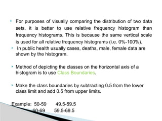  For purposes of visually comparing the distribution of two data
sets, it is better to use relative frequency histogram than
frequency histograms. This is because the same vertical scale
is used for all relative frequency histograms (i.e. 0%-100%).
 In public health usually cases, deaths, male, female data are
shown by the histogram.
 Method of depicting the classes on the horizontal axis of a
histogram is to use Class Boundaries.
 Make the class boundaries by subtracting 0.5 from the lower
class limit and add 0.5 from upper limits.
Example: 50-59 49.5-59.5
60-69 59.5-69.5
 
