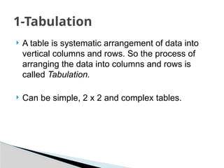  A table is systematic arrangement of data into
vertical columns and rows. So the process of
arranging the data into columns and rows is
called Tabulation.
 Can be simple, 2 x 2 and complex tables.
1-Tabulation
 