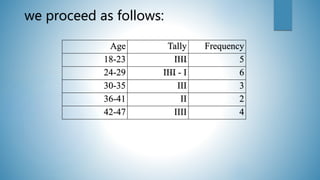 we proceed as follows:
Age Tally Frequency
18-23 IIII 5
24-29 IIII - I 6
30-35 III 3
36-41 II 2
42-47 IIII 4
 