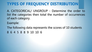 A. CATEGORICAL/ UNGROUP - Determine the order to
list the categories then total the number of occurrences
of each category.
Example:
The following data represents the scores of 10 students
8 6 4 5 8 8 9 10 10 6
TYPES OF FREQUENCY DISTRIBUTION
 