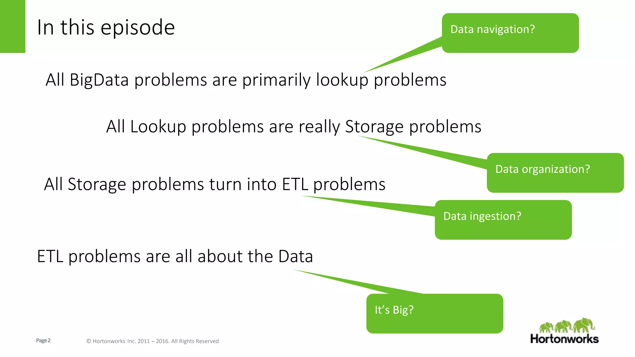 Page2 © Hortonworks Inc. 2011 – 2016. All Rights Reserved
In this episode
All BigData problems are primarily lookup problems
All Lookup problems are really Storage problems
All Storage problems turn into ETL problems
ETL problems are all about the Data
Data navigation?
Data organization?
Data ingestion?
It’s Big?
 