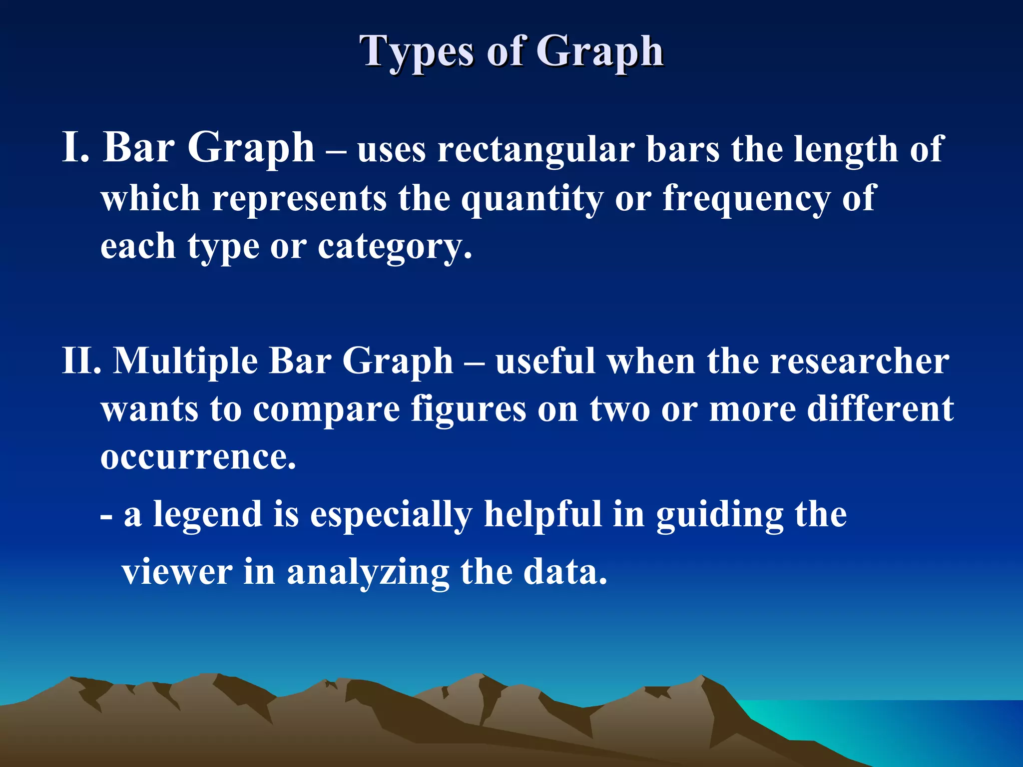 Types of Graph I. Bar Graph  – uses rectangular bars the length of which represents the quantity or frequency of each type or category. II. Multiple Bar Graph – useful when the researcher wants to compare figures on two or more different occurrence. - a legend is especially helpful in guiding the  viewer in analyzing the data. 