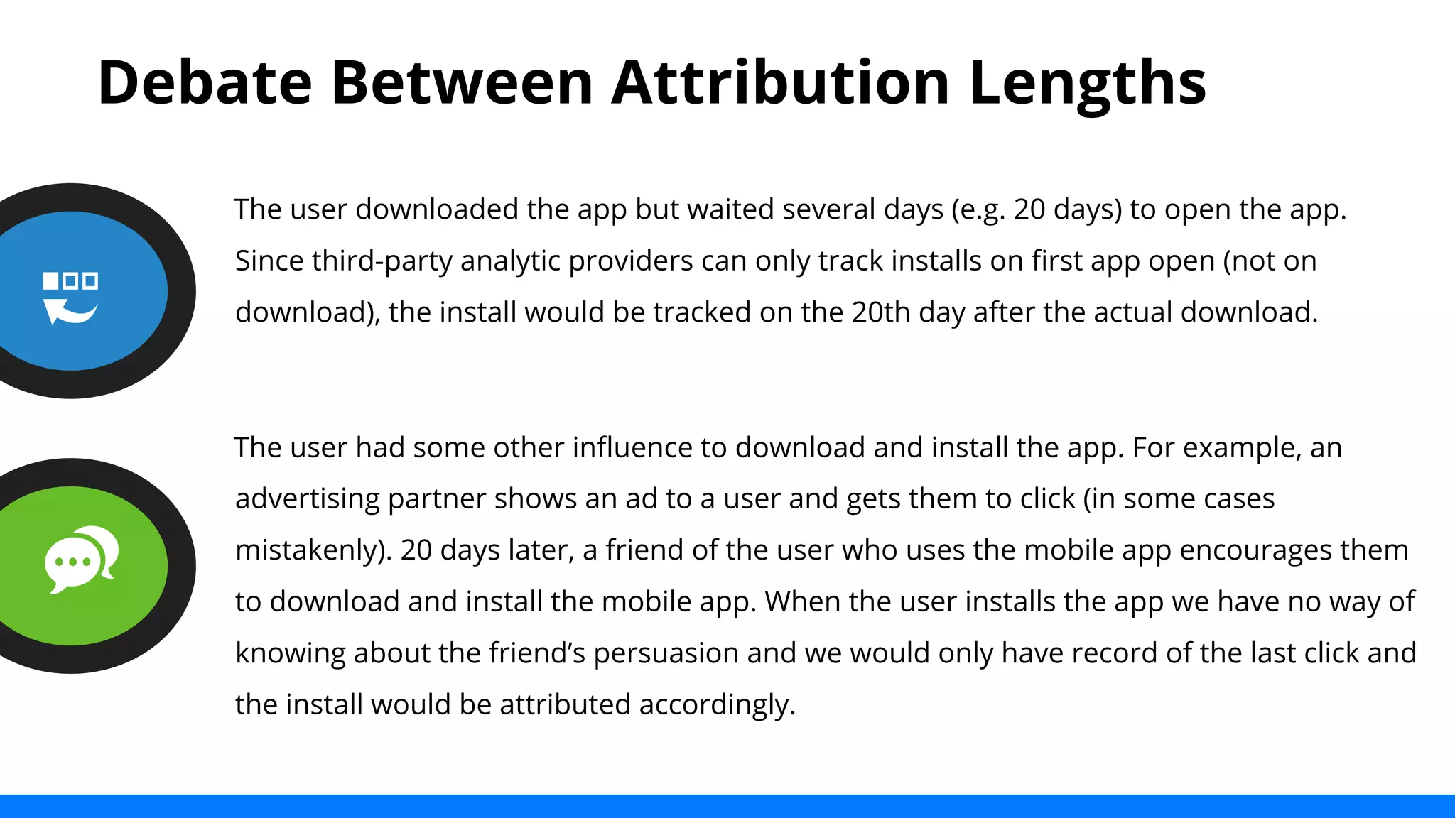 Debate Between Attribution Lengths 
The user downloaded the app but waited several days (e.g. 20 days) to open the app. 
Since third-party analytic providers can only track installs on first app open (not on 
download), the install would be tracked on the 20th day after the actual download. 
The user had some other influence to download and install the app. For example, an 
advertising partner shows an ad to a user and gets them to click (in some cases 
mistakenly). 20 days later, a friend of the user who uses the mobile app encourages them 
to download and install the mobile app. When the user installs the app we have no way of 
knowing about the friend’s persuasion and we would only have record of the last click and 
the install would be attributed accordingly. 
 