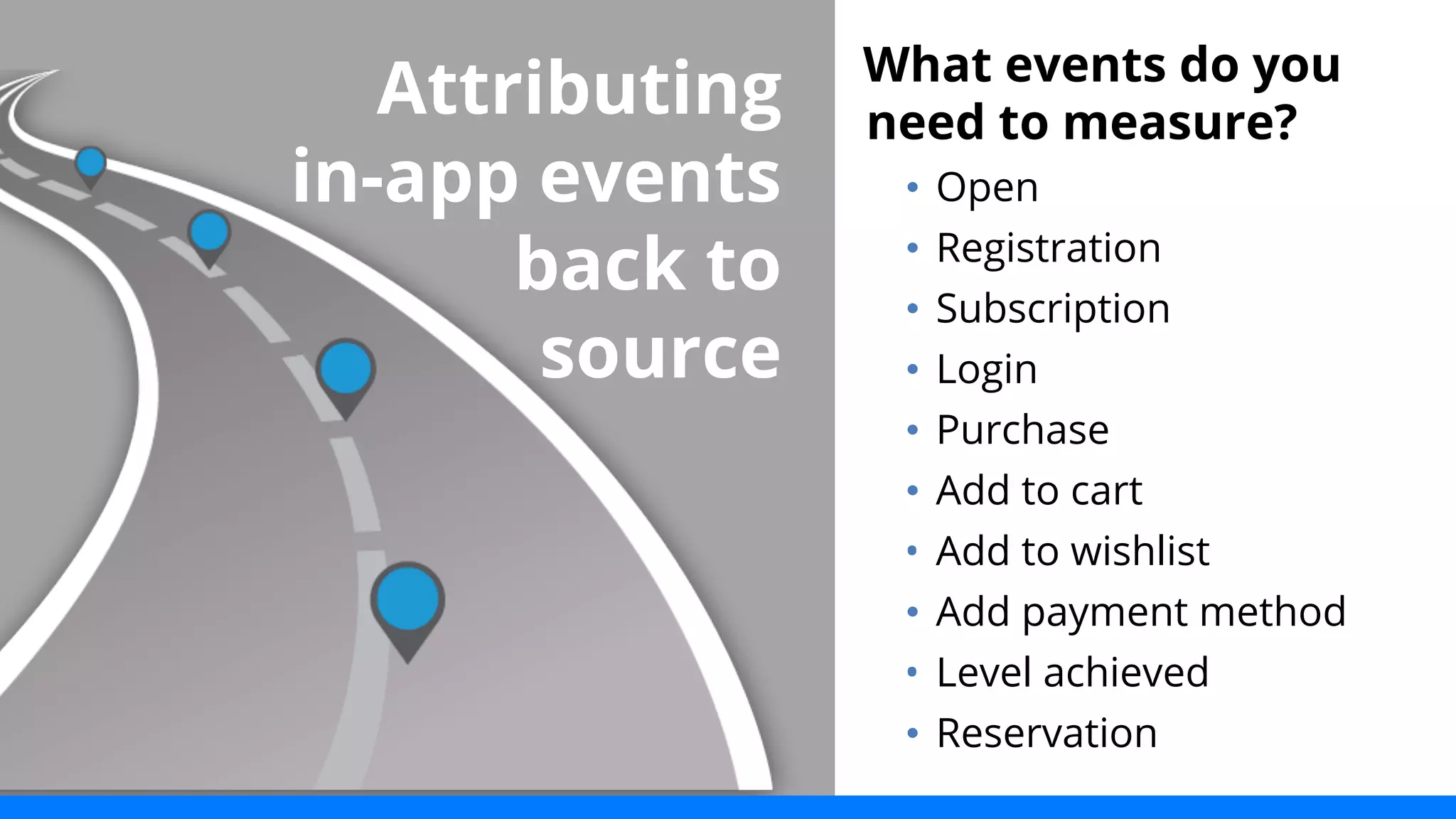 Attributing 
in-app events 
back to 
source 
What events do you 
need to measure? 
• Open 
• Registration 
• Subscription 
• Login 
• Purchase 
• Add to cart 
• Add to wishlist 
• Add payment method 
• Level achieved 
• Reservation 
 