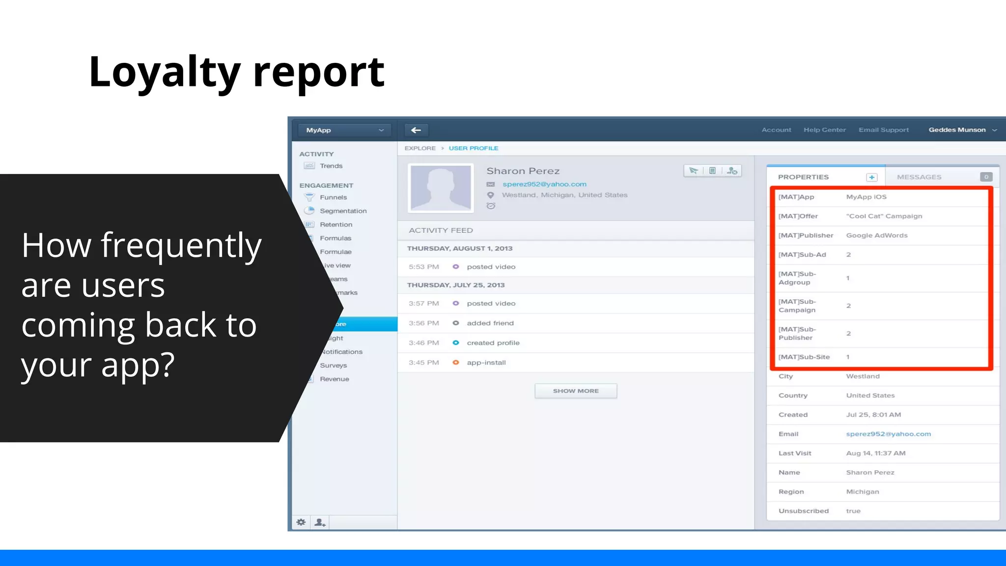 Loyalty report 
How frequently 
are users 
coming back to 
your app? 
 