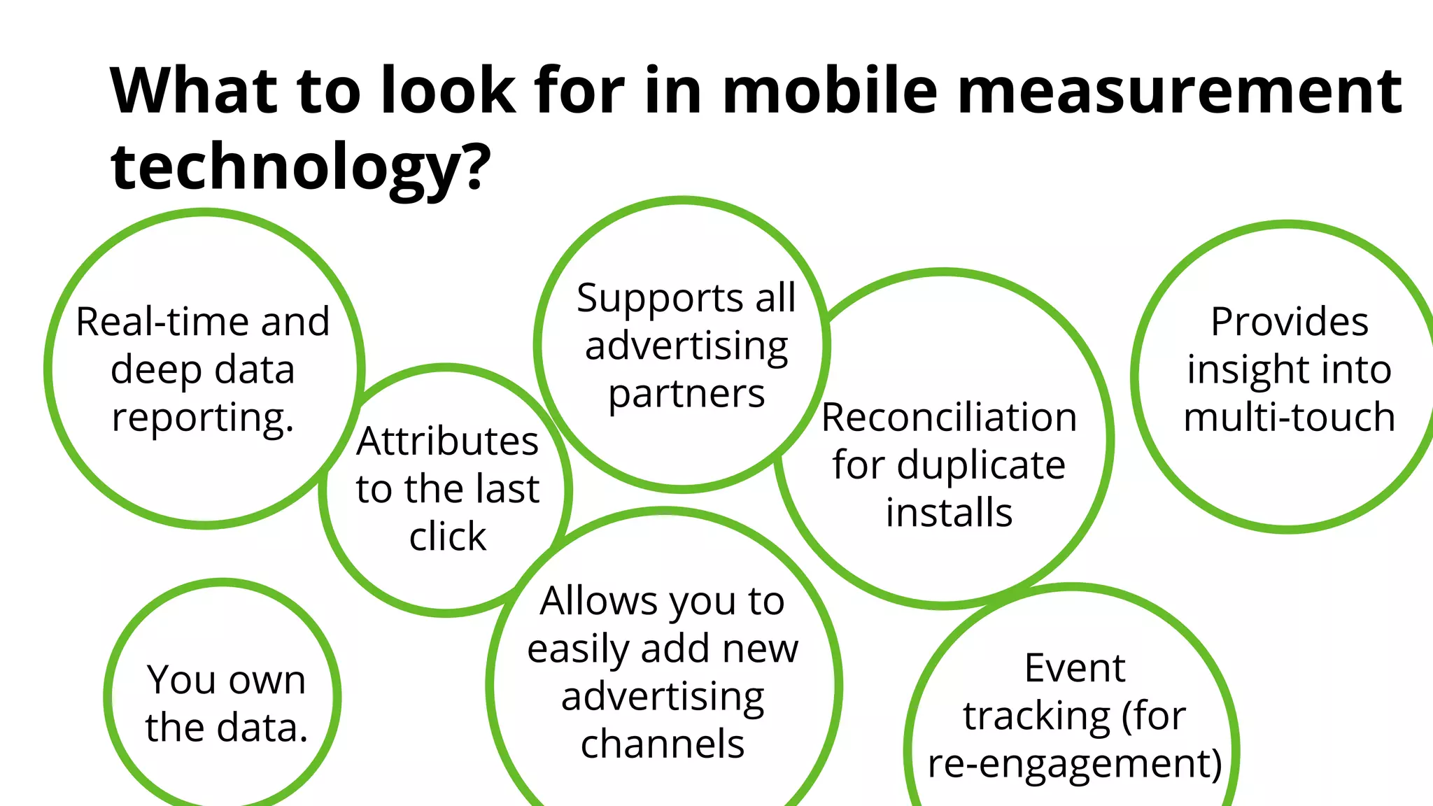 What to look for in mobile measurement 
technology? 
You own 
the data. 
Reconciliation 
for duplicate 
installs 
Attributes 
to the last 
click 
Supports all 
advertising 
partners 
Provides 
insight into 
multi-touch 
Allows you to 
easily add new 
advertising 
channels 
Event 
tracking (for 
re-engagement) 
Real-time and 
deep data 
reporting. 
 