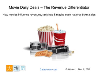 Movie Daily Deals – The Revenue Differentiator
How movies influence revenues, rankings & maybe even national ticket sales




                             Dataotuan.com        Published:   Mar. 6, 2012
 