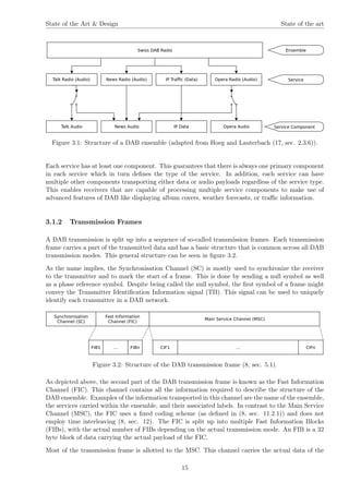 State of the Art & Design State of the art
Figure 3.1: Structure of a DAB ensemble (adapted from Hoeg and Lauterbach (17, sec. 2.3.6)).
Each service has at least one component. This guarantees that there is always one primary component
in each service which in turn deﬁnes the type of the service. In addition, each service can have
multiple other components transporting either data or audio payloads regardless of the service type.
This enables receivers that are capable of processing multiple service components to make use of
advanced features of DAB like displaying album covers, weather forecasts, or traﬃc information.
3.1.2 Transmission Frames
A DAB transmission is split up into a sequence of so-called transmission frames. Each transmission
frame carries a part of the transmitted data and has a basic structure that is common across all DAB
transmission modes. This general structure can be seen in ﬁgure 3.2.
As the name implies, the Synchronisation Channel (SC) is mostly used to synchronize the receiver
to the transmitter and to mark the start of a frame. This is done by sending a null symbol as well
as a phase reference symbol. Despite being called the null symbol, the ﬁrst symbol of a frame might
convey the Transmitter Identiﬁcation Information signal (TII). This signal can be used to uniquely
identify each transmitter in a DAB network.
Figure 3.2: Structure of the DAB transmission frame (8, sec. 5.1).
As depicted above, the second part of the DAB transmission frame is known as the Fast Information
Channel (FIC). This channel contains all the information required to describe the structure of the
DAB ensemble. Examples of the information transported in this channel are the name of the ensemble,
the services carried within the ensemble, and their associated labels. In contrast to the Main Service
Channel (MSC), the FIC uses a ﬁxed coding scheme (as deﬁned in (8, sec. 11.2.1)) and does not
employ time interleaving (8, sec. 12). The FIC is split up into multiple Fast Information Blocks
(FIBs), with the actual number of FIBs depending on the actual transmission mode. An FIB is a 32
byte block of data carrying the actual payload of the FIC.
Most of the transmission frame is allotted to the MSC. This channel carries the actual data of the
15
 