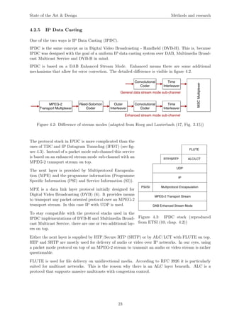 State of the Art & Design Methods and research
4.2.5 IP Data Casting
One of the two ways is IP Data Casting (IPDC).
IPDC is the same concept as in Digital Video Broadcasting - Handheld (DVB-H). This is, because
IPDC was designed with the goal of a uniform IP data casting system over DAB, Multimedia Broad-
cast Multicast Service and DVB-H in mind.
IPDC is based on a DAB Enhanced Stream Mode. Enhanced means there are some additional
mechanisms that allow for error correction. The detailed diﬀerence is visible in ﬁgure 4.2.
Figure 4.2: Diﬀerence of stream modes (adapted from Hoeg and Lauterbach (17, Fig. 2.15))
Figure 4.3: IPDC stack (reproduced
from ETSI (10, chap. 4.2))
The protocol stack in IPDC is more complicated than the
ones of TDC and IP Datagram Tunneling (IPDT) (see ﬁg-
ure 4.3). Instead of a packet mode sub-channel this service
is based on an enhanced stream mode sub-channel with an
MPEG-2 transport stream on top.
The next layer is provided by Multiprotocol Encapsula-
tion (MPE) and the programme information (Programme
Speciﬁc Information (PSI) and Service Information (SI)).
MPE is a data link layer protocol initially designed for
Digital Video Broadcasting (DVB) (6). It provides means
to transport any packet oriented protocol over an MPEG-2
transport stream. In this case IP with UDP is used.
To stay compatible with the protocol stacks used in the
IPDC implementations of DVB-H and Multimedia Broad-
cast Multicast Service, there are one or two additional lay-
ers on top.
Either the next layer is supplied by RTP/Secure RTP (SRTP) or by ALC/LCT with FLUTE on top.
RTP and SRTP are mostly used for delivery of audio or video over IP networks. In our eyes, using
a packet mode protocol on top of an MPEG-2 stream to transmit an audio or video stream is rather
questionable.
FLUTE is used for ﬁle delivery on unidirectional media. According to RFC 3926 it is particularly
suited for multicast networks. This is the reason why there is an ALC layer beneath. ALC is a
protocol that supports massive multicasts with congestion control.
23
 
