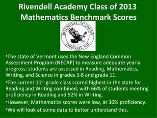 Rivendell Academy Class of 2013
     Mathematics Benchmark Scores



•The state of Vermont uses the New England Common
Assessment Program (NECAP) to measure adequate yearly
progress; students are assessed in Reading, Mathematics,
Writing, and Science in grades 3-8 and grade 11.
•The current 11th grade class scored highest in the state for
Reading and Writing combined, with 66% of students meeting
proficiency in Reading and 92% in Writing.
•However, Mathematics scores were low, at 36% proficiency.
•We will look at some data to better understand this.
 