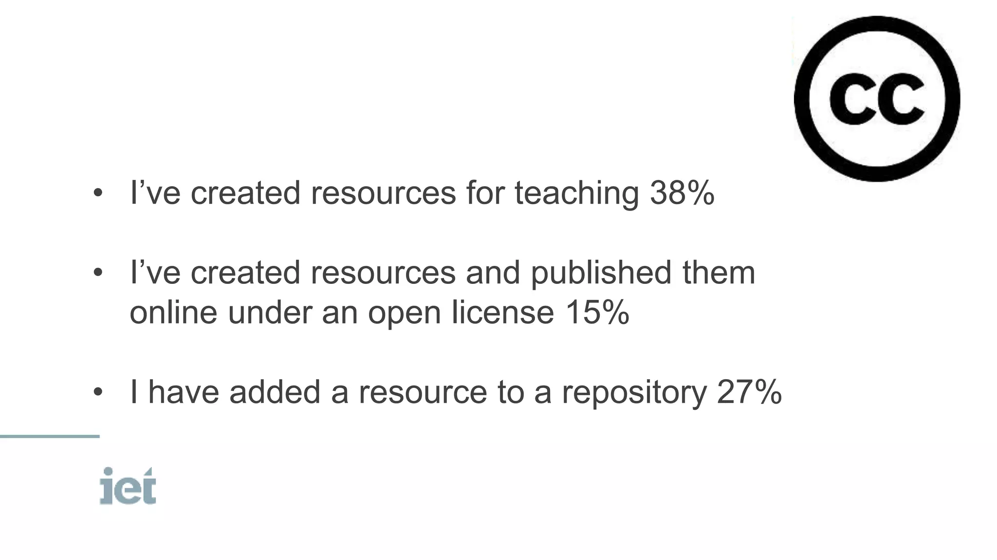 • I’ve created resources for teaching 38%
• I’ve created resources and published them
online under an open license 15%
• I have added a resource to a repository 27%
 