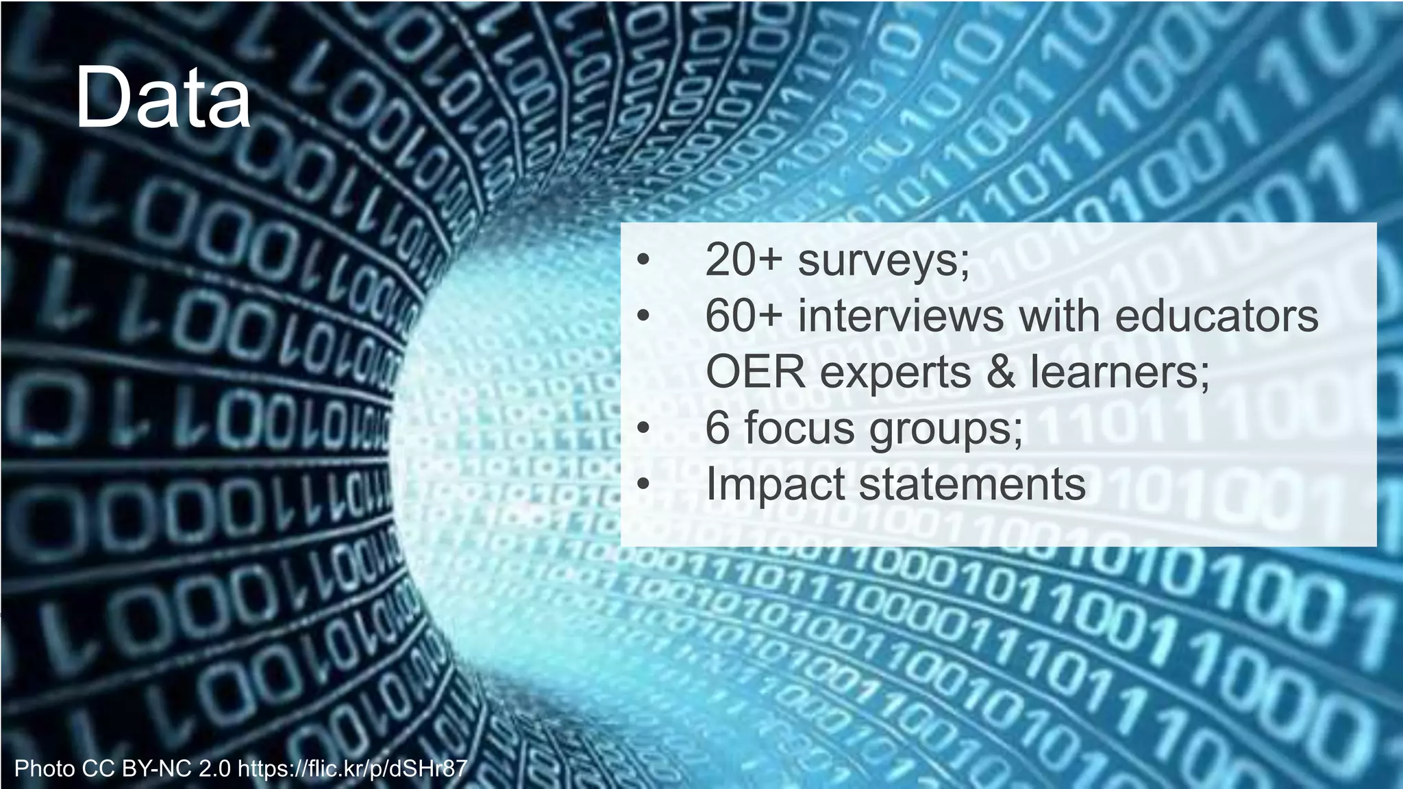 Photo CC BY-NC 2.0 https://flic.kr/p/dSHr87
Data
• 20+ surveys;
• 60+ interviews with educators
OER experts & learners;
• 6 focus groups;
• Impact statements
 
