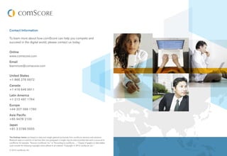Contact Information

To learn more about how comScore can help you compete and
succeed in the digital world, please contact us today:


Online
www.comscore.com
Email
learnmore@comscore.com


United States
+1 866 276 6972
Canada
+1 416 646 9911
Latin America
+1 212 497 1764
Europe
+44 207 099 1760
Asia Pacific
+65 9478 2100
Japan
+81 3 5789 5555

The findings herein are based on data and insight gleaned exclusively from comScore services and solutions.
Research data or a portion of text less than one paragraph in length may be cited provided that each is sourced to
comScore; for example, “Source: comScore, Inc.” or “According to comScore, ....” Copies of graphs or data tables
must include the following copyright notice affixed to all material: “Copyright © 2010 comScore, Inc.”

© 2010 comScore, Inc.
 