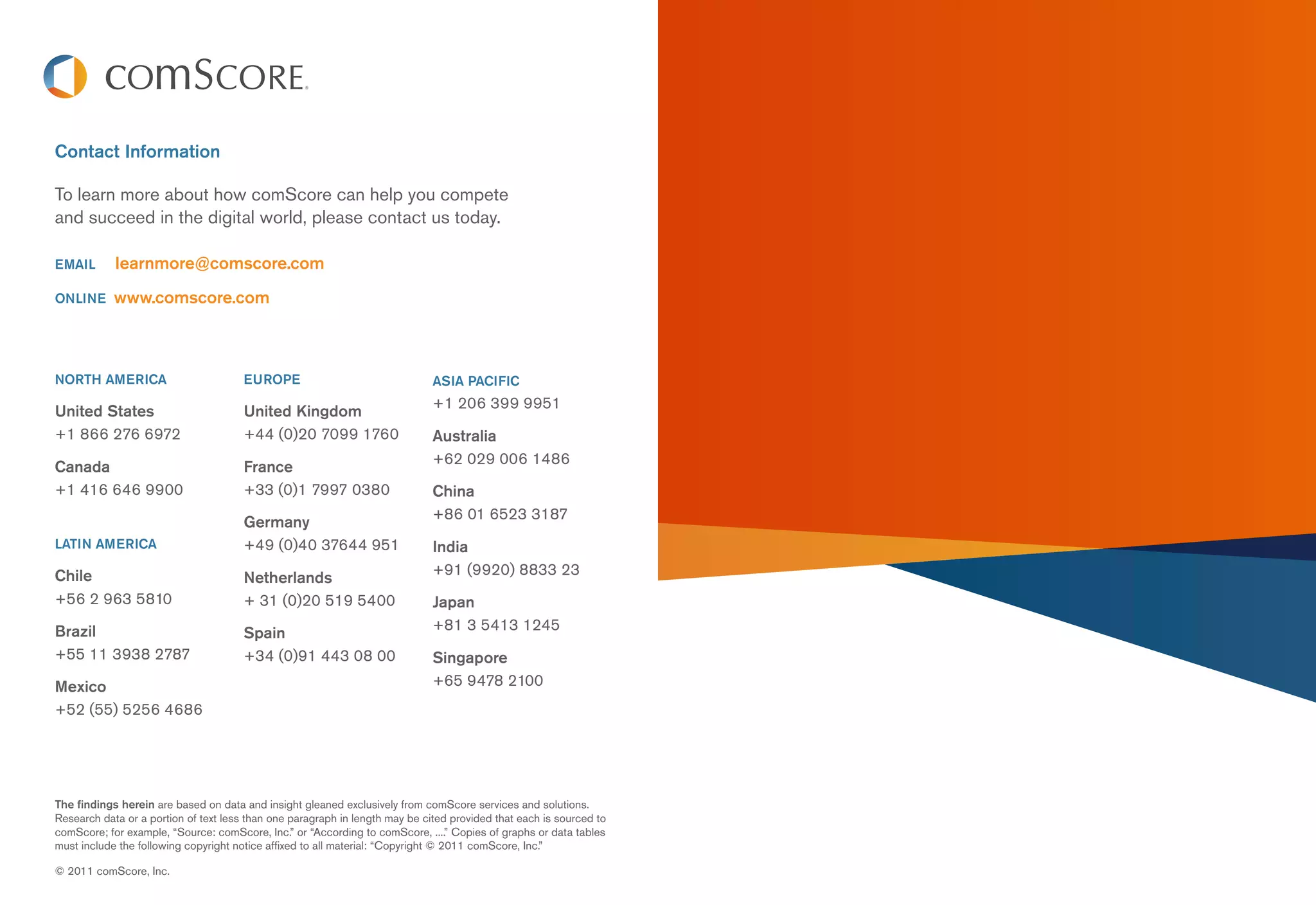Contact Information

To learn more about how comScore can help you compete
and succeed in the digital world, please contact us today.

EMAIL       learnmore@comscore.com

ONLINE      www.comscore.com



NORTH AMERICA                          EUROPE                                 ASIA PACIFIC
                                                                              +1 206 399 9951
United States                          United Kingdom
+1 866 276 6972                        +44 (0)20 7099 1760                    Australia
                                                                              +62 029 006 1486
Canada                                 France
+1 416 646 9900                        +33 (0)1 7997 0380                     China
                                                                              +86 01 6523 3187
                                       Germany
LATIN AMERICA                          +49 (0)40 37644 951                    India
Chile                                                                         +91 (9920) 8833 23
                                       Netherlands
+56 2 963 5810                         + 31 (0)20 519 5400                    Japan
Brazil                                                                        +81 3 5413 1245
                                       Spain
+55 11 3938 2787                       +34 (0)91 443 08 00                    Singapore
Mexico                                                                        +65 9478 2100
+52 (55) 5256 4686




The findings herein are based on data and insight gleaned exclusively from comScore services and solutions.
Research data or a portion of text less than one paragraph in length may be cited provided that each is sourced to
comScore; for example, “Source: comScore, Inc.” or “According to comScore, ....” Copies of graphs or data tables
must include the following copyright notice affixed to all material: “Copyright © 2011 comScore, Inc.”

© 2011 comScore, Inc.
 