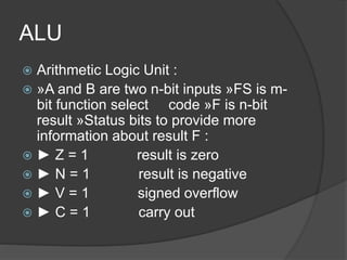ALU
 Arithmetic Logic Unit :
 »A and B are two n-bit inputs »FS is m-
bit function select code »F is n-bit
result »Status bits to provide more
information about result F :
 ► Z = 1 result is zero
 ► N = 1 result is negative
 ► V = 1 signed overflow
 ► C = 1 carry out
 
