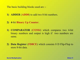 The basic building blocks used are :-

1) ADDER (ADD8) to add two 8-bit numbers.

2) 4-bit Binary Up Counter.

1) COMPARATOR (COM4) which compares two 4-bit
   binary numbers and output is high if two numbers are
   same.

2) Data Register (FD8CE) which consists 8 D Flip-Flop to
   store 8-bit data.


Serial Multiplication                              Slide 31
 