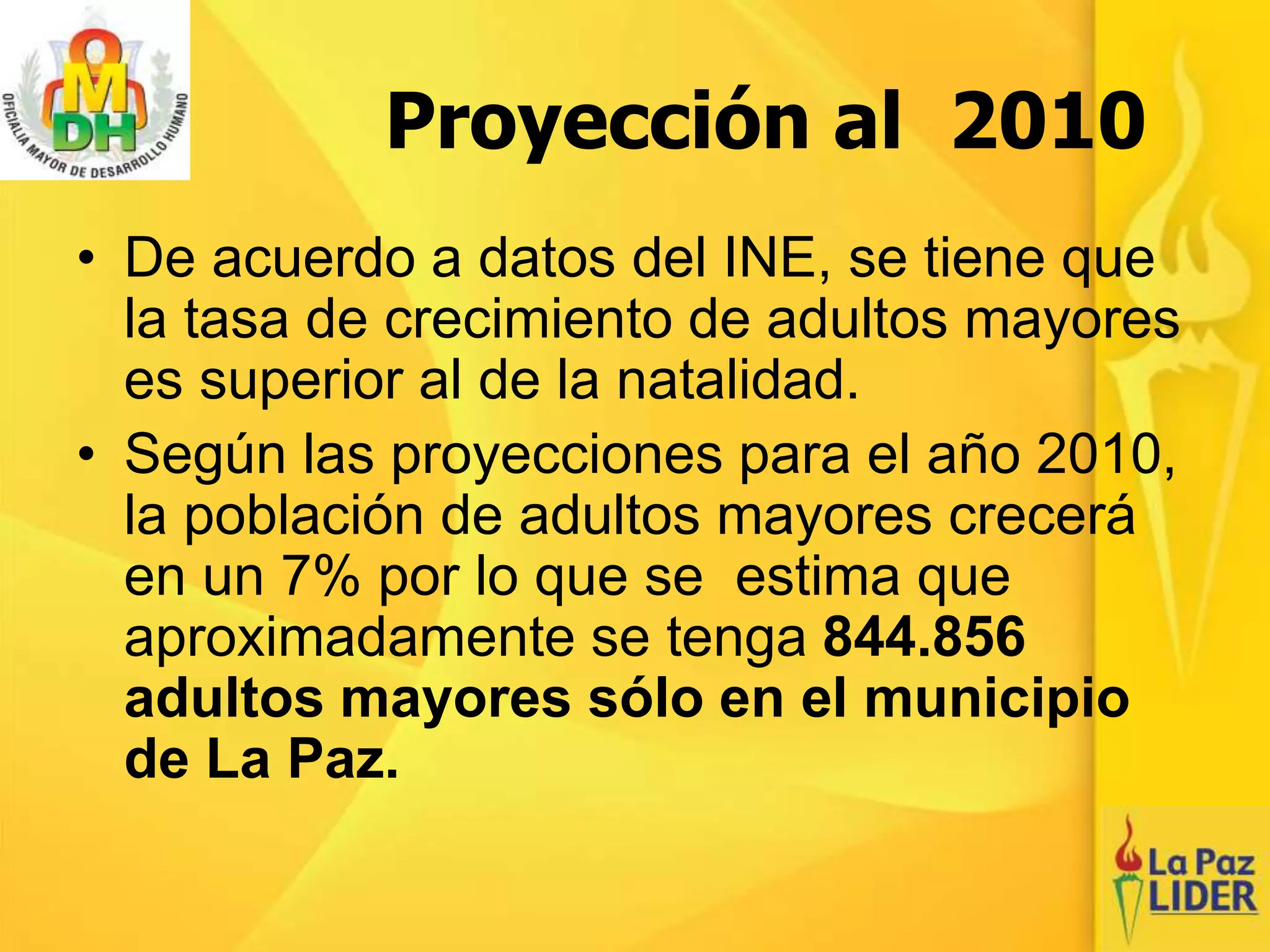 Proyección al 2010
• De acuerdo a datos del INE, se tiene que
la tasa de crecimiento de adultos mayores
es superior al de la natalidad.
• Según las proyecciones para el año 2010,
la población de adultos mayores crecerá
en un 7% por lo que se estima que
aproximadamente se tenga 844.856
adultos mayores sólo en el municipio
de La Paz.
 