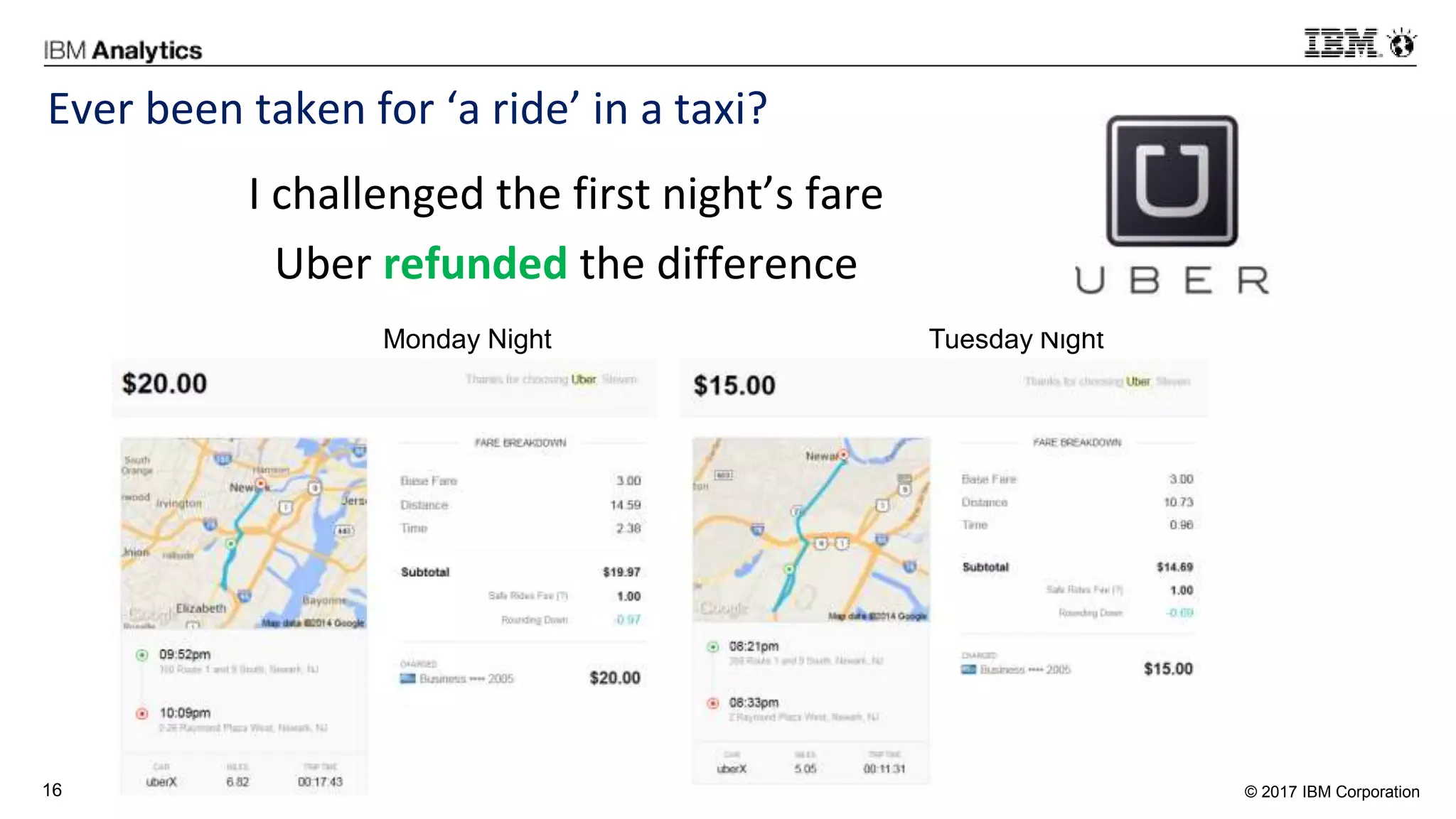 © 2017 IBM Corporation16
Ever been taken for ‘a ride’ in a taxi?
I challenged the first night’s fare
Uber refunded the difference
Monday Night Tuesday Night
 
