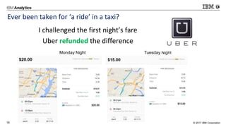 © 2017 IBM Corporation16
Ever been taken for ‘a ride’ in a taxi?
I challenged the first night’s fare
Uber refunded the difference
Monday Night Tuesday Night
 