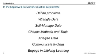 © 2017 IBM Corporation50
In the Cognitive Era everyone must be data literate
Define problems
Wrangle Data
Self-Manage Data
Choose Methods and Tools
Analyze Data
Communicate findings
Engage in Lifelong Learning
 