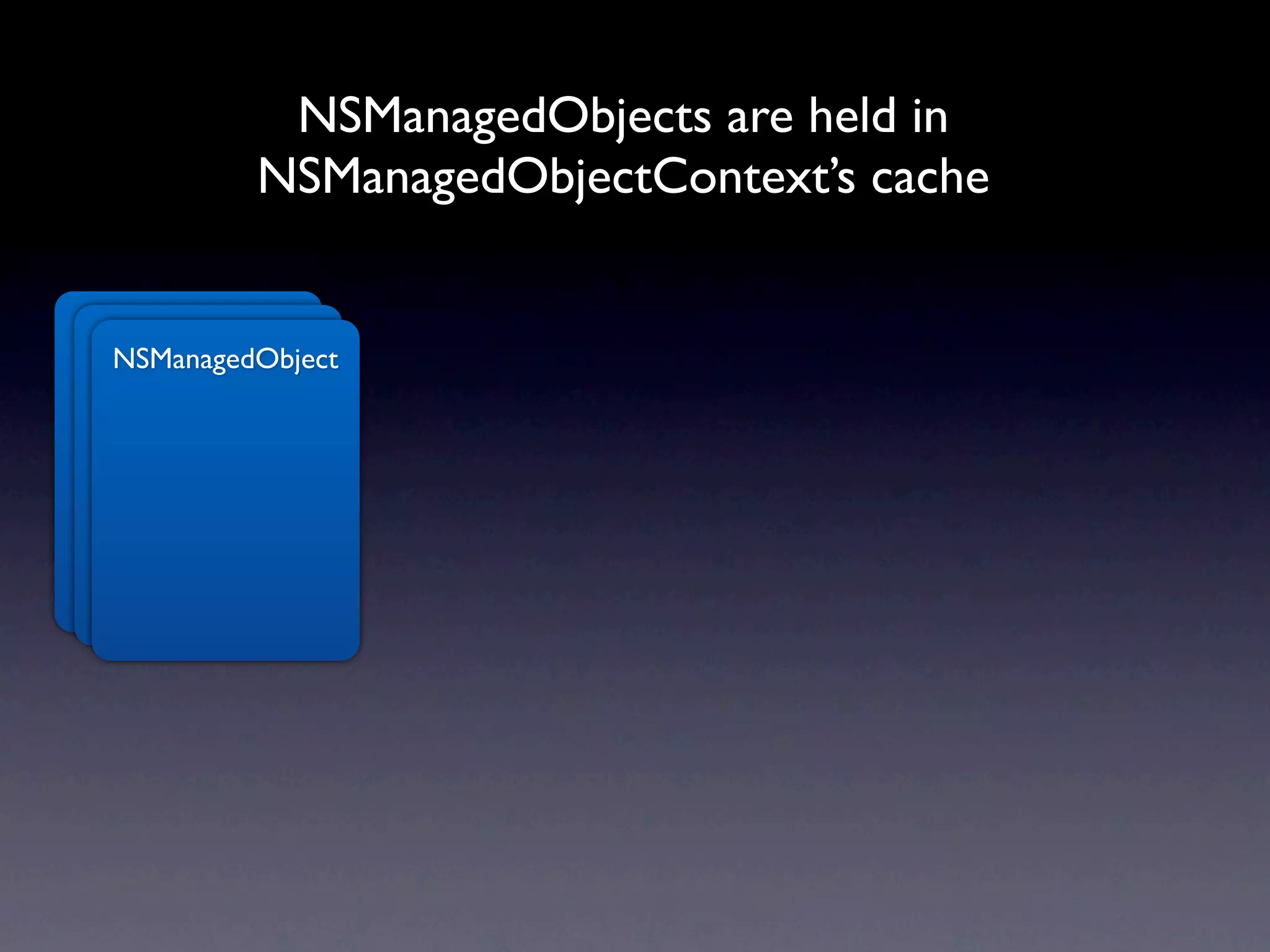NSManagedObjects are held in
           NSManagedObjectContext’s cache

NSManagedObject
 NSManagedObject
  NSManagedObject
 