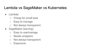 Lambda vs SageMaker vs Kubernetes
 Lambda
 Cheap for small load
 Easy to manage
 Not always transparent
 SageMaker (serving)
 Easy to use/manage
 Needs wrappers
 Not always transparent
 Expensive
 