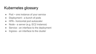 Kubernetes glossary
 Pod ~ one instance of your service
 Deployment - a bunch of pods
 HPA - horizontal pod autoscaler
 Node - a server (e.g. EC2 instance)
 Service - an interface to the deployment
 Ingress - an interface to the cluster
 