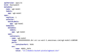 apiVersion: apps/v1
kind: Deployment
metadata:
name: xgb-model
labels:
app: xgb-model
spec:
replicas: 1
selector:
matchLabels:
app: xgb-model
template:
metadata:
labels:
app: xgb-model
spec:
containers:
- name: xgb-model
image: XXXXXXXXXXXX.dkr.ecr.eu-west-1.amazonaws.com/xgb-model:v100500
ports:
- containerPort: 9696
env:
- name: MODEL_PATH
value: "s3://models-bucket-pickle/xgboost.bin"
 