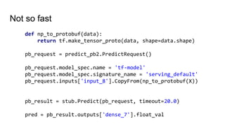 Not so fast
def np_to_protobuf(data):
return tf.make_tensor_proto(data, shape=data.shape)
pb_request = predict_pb2.PredictRequest()
pb_request.model_spec.name = 'tf-model'
pb_request.model_spec.signature_name = 'serving_default'
pb_request.inputs['input_8'].CopyFrom(np_to_protobuf(X))
pb_result = stub.Predict(pb_request, timeout=20.0)
pred = pb_result.outputs['dense_7'].float_val
 
