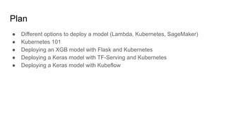 Plan
 Different options to deploy a model (Lambda, Kubernetes, SageMaker)
 Kubernetes 101
 Deploying an XGB model with Flask and Kubernetes
 Deploying a Keras model with TF-Serving and Kubernetes
 Deploying a Keras model with Kubeflow
 
