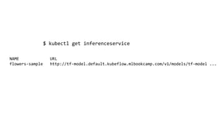 $ kubectl get inferenceservice
NAME URL
flowers-sample http://tf-model.default.kubeflow.mlbookcamp.com/v1/models/tf-model ...
 