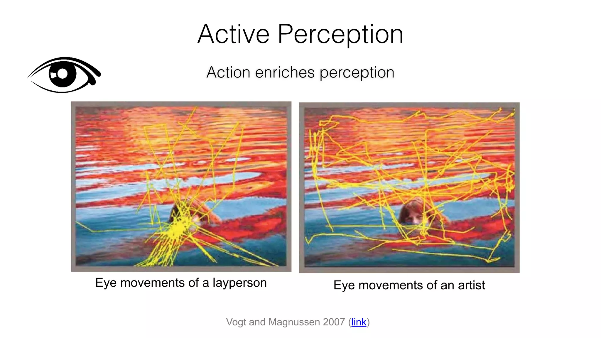 Active Perception
Action enriches perception
Vogt and Magnussen 2007 (link)
Eye movements of a layperson Eye movements of an artist
 
