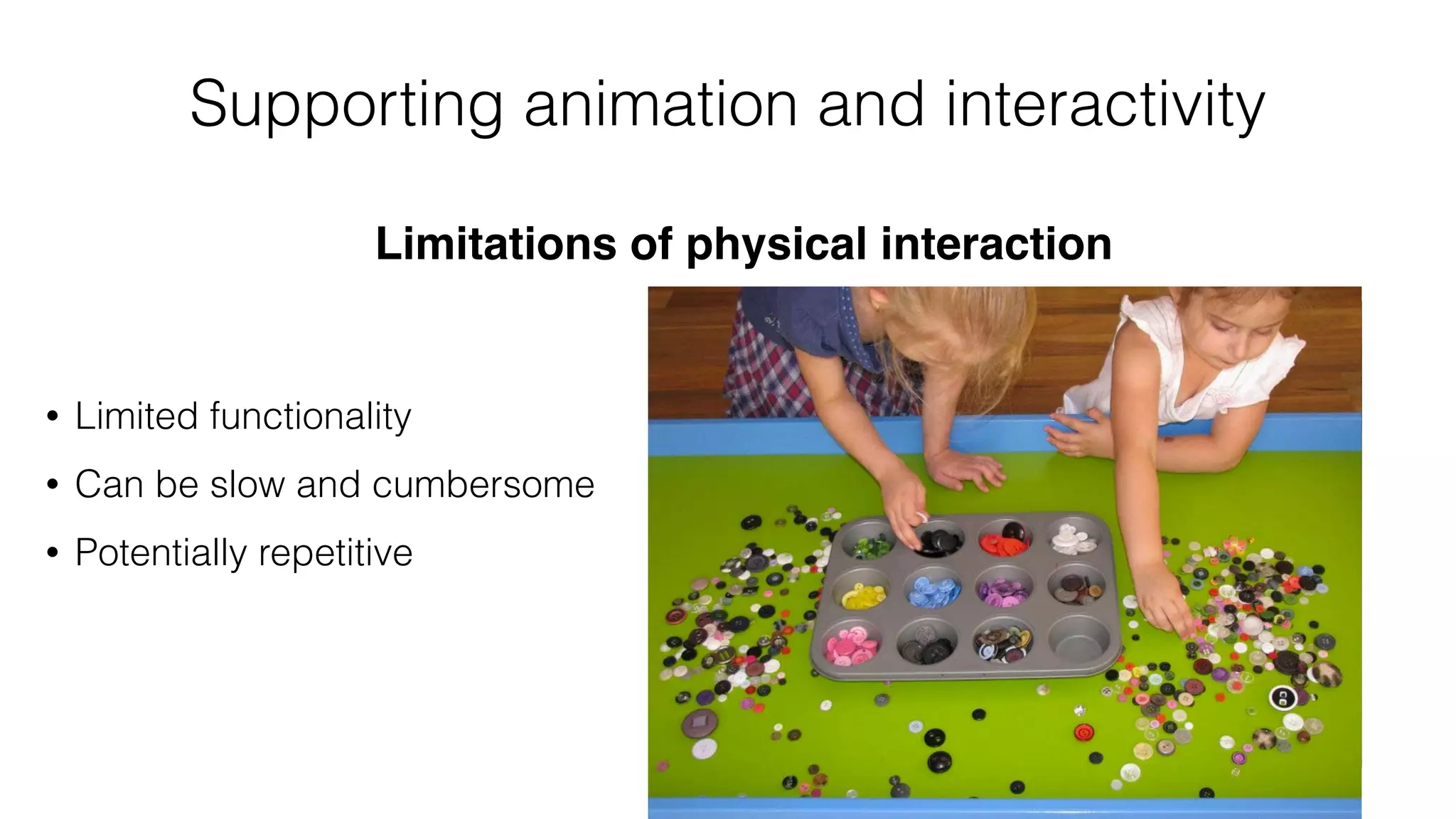 Limitations of physical interaction
Supporting animation and interactivity
• Limited functionality
• Can be slow and cumbersome
• Potentially repetitive
 