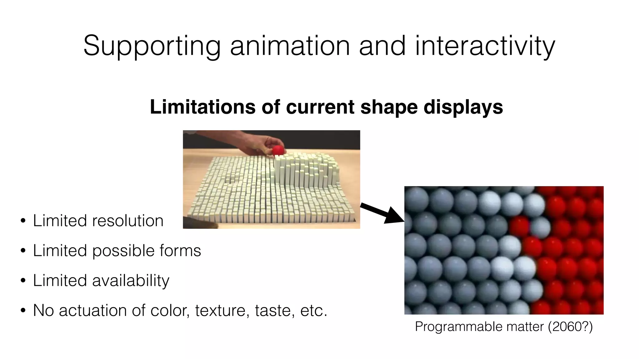Limitations of current shape displays
Supporting animation and interactivity
• Limited resolution
• Limited possible forms
• Limited availability
• No actuation of color, texture, taste, etc.
Programmable matter (2060?)
 