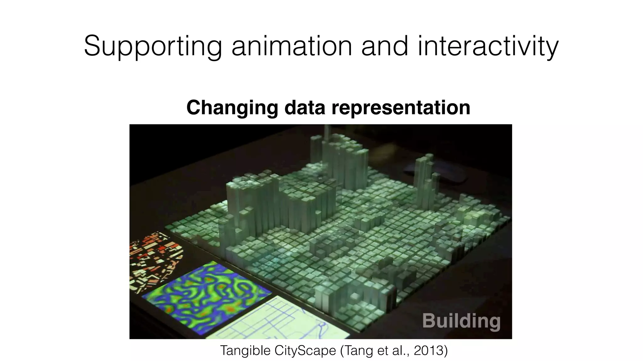 Supporting animation and interactivity
Changing data representation
Tangible CityScape (Tang et al., 2013)
 