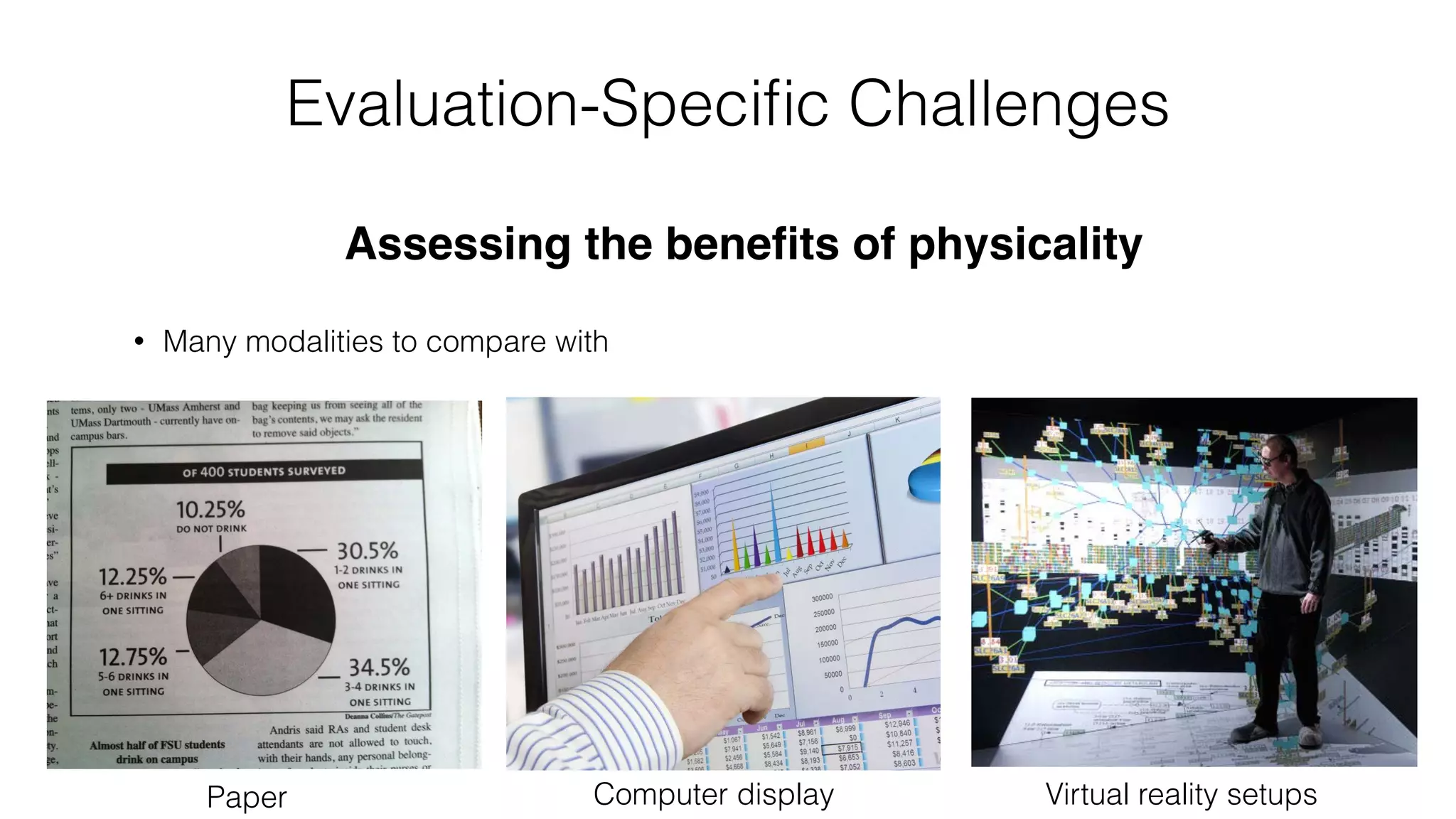 Evaluation-Speciﬁc Challenges
Assessing the beneﬁts of physicality
• Many modalities to compare with
Paper Virtual reality setupsComputer display
 