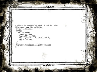 // Source and destination relation for rollbacks. 
$this->map = new MigrateSQLMap( 
$this->machineName, 
array( 
'id' => array( 
'type' => 'int', 
'not null' => TRUE, 
'description' => 'Newsletter ID.', 
'alias' => 'n', 
) 
), 
MigrateDestinationNode::getKeySchema() 
); 
38 
 
