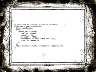 // Source and destination relation for rollbacks. 
$this->map = new MigrateSQLMap( 
$this->machineName, 
array( 
'member_id' => array( 
'type' => 'varchar', 
'length' => 128, 
'not null' => TRUE, 
'description' => 'Subscriber Email ID.', 
'alias' => 'member_id', 
), 
), 
MigrateDestinationTable::getKeySchema('subscribers') 
); 
39 
 