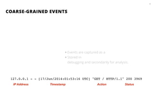 COARSE-GRAINED EVENTS
22
127.0.0.1 - - [17/Jun/2014:01:53:16 UTC] "GET / HTTP/1.1" 200 3969!
IP Address Timestamp Action Status
•Events are captured as a
•Stored in
debugging and secondarily for analysis.
 