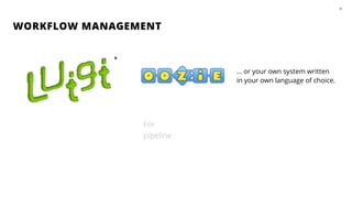 WORKFLOW MANAGEMENT
40
… or your own system written
in your own language of choice.
*
For
pipeline
 