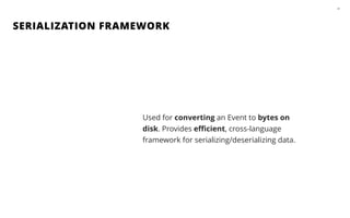 SERIALIZATION FRAMEWORK
41
Used for converting an Event to bytes on
disk. Provides eﬃcient, cross-language
framework for serializing/deserializing data.
 