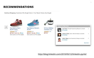 RECOMMENDATIONS
5
http://blog.linkedin.com/2010/05/12/linkedin-pymk/
 