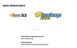 DATA PERSISTENCE
38
For
processing
Kite Software Development Kit
http://kitesdk.org/
!
Spring Hadoop
http://projects.sprin...