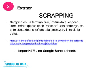 SCRAPPING
• Scraping es un término que, traducido al español,
literalmente quiere decir “rascado”. Sin embargo, en
este contexto, se refiere a la limpieza y filtro de los
datos.
• http://es.schoolofdata.org/introduccion-a-la-extraccion-de-datos-de-
sitios-web-scraping/#sthash.0qgjKaad.dpuf
• ImportHTML en Google Spreadsheets
3 Extraer
 